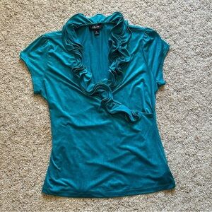 IZ Byer VTG Wrap Ruffle V-neck Top Women’s Sz XL Turquoise Pullover Dressy Party